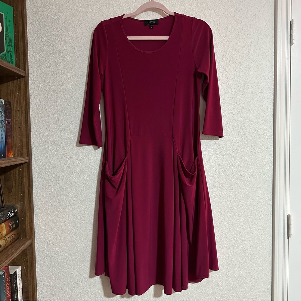Comfy USA Womens Dress S Relaxed Fit Lagenlook Pink Stretch Pocket Jersey